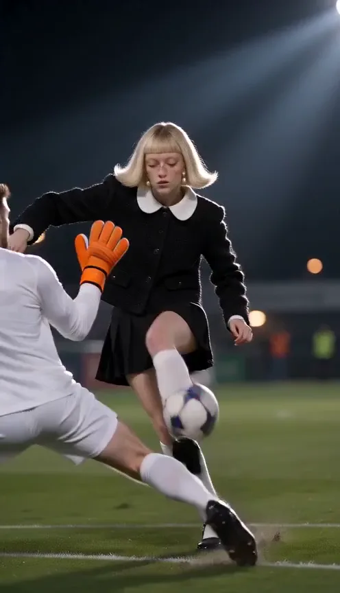 The keeper dives. One soft touch lifts it over him.